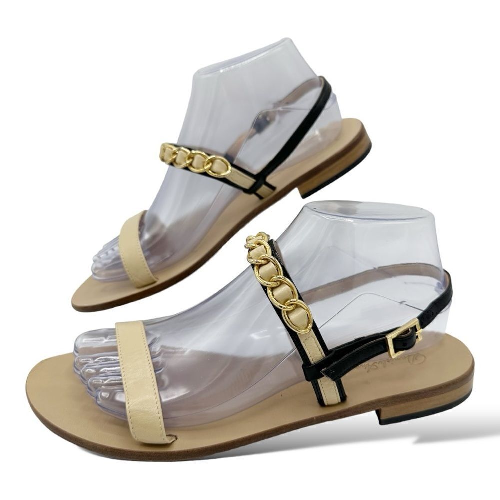Daniele Ancarani Creamy Yellow and Black Flat Strappy Sandals Chain Accent Italy